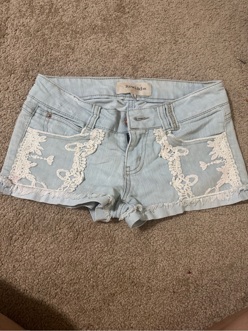 Rewind Light Blue Denim Shorts with White Lace Trim